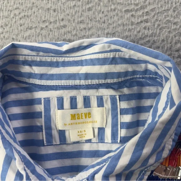 Maeve Parrot Button Down Shirt Womens XS / S Blue White Striped Sequin Oversized - Picture 4 of 9